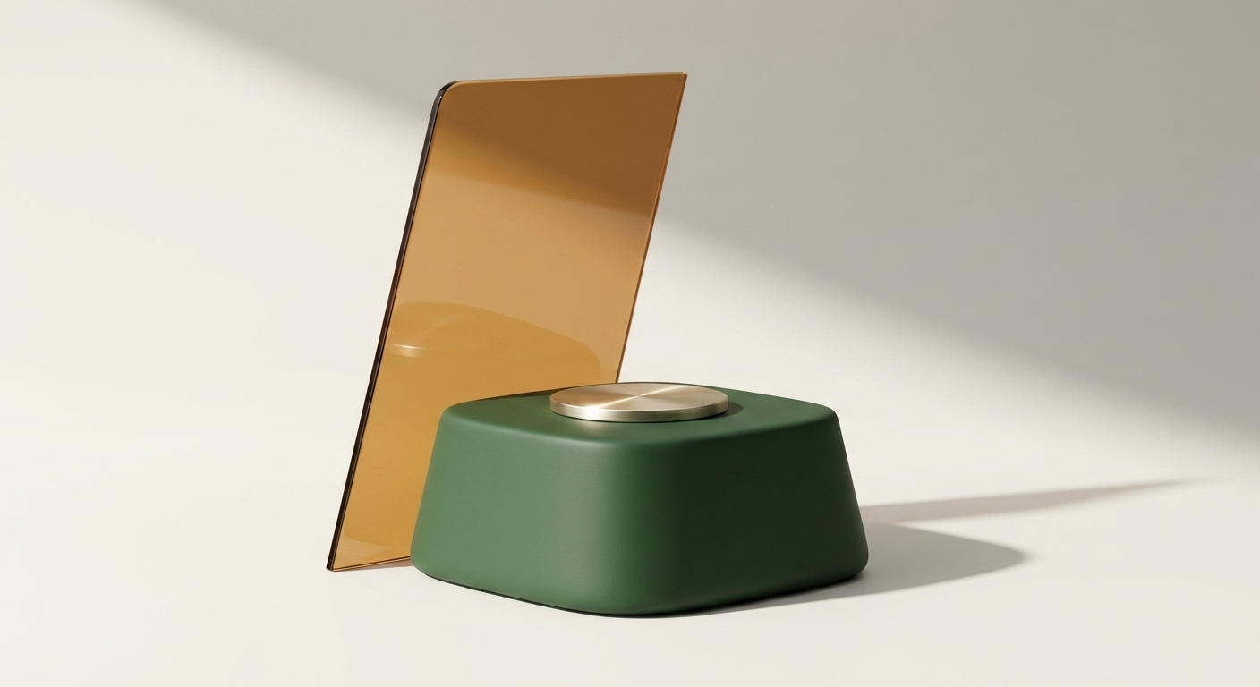 A matte forest-green plinth with a brushed gold disc on top and a translucent amber glass fin leaning against it \u2014 representing the professional backbone behind our work.