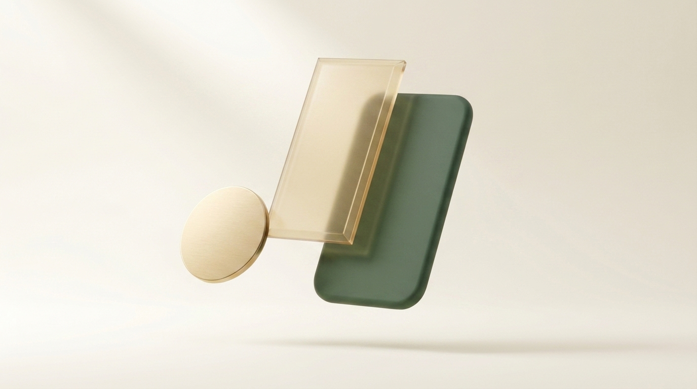 Editorial composition of translucent amber glass, matte forest-green panel, and brushed gold disc \u2014 representing clarity emerging from complexity.