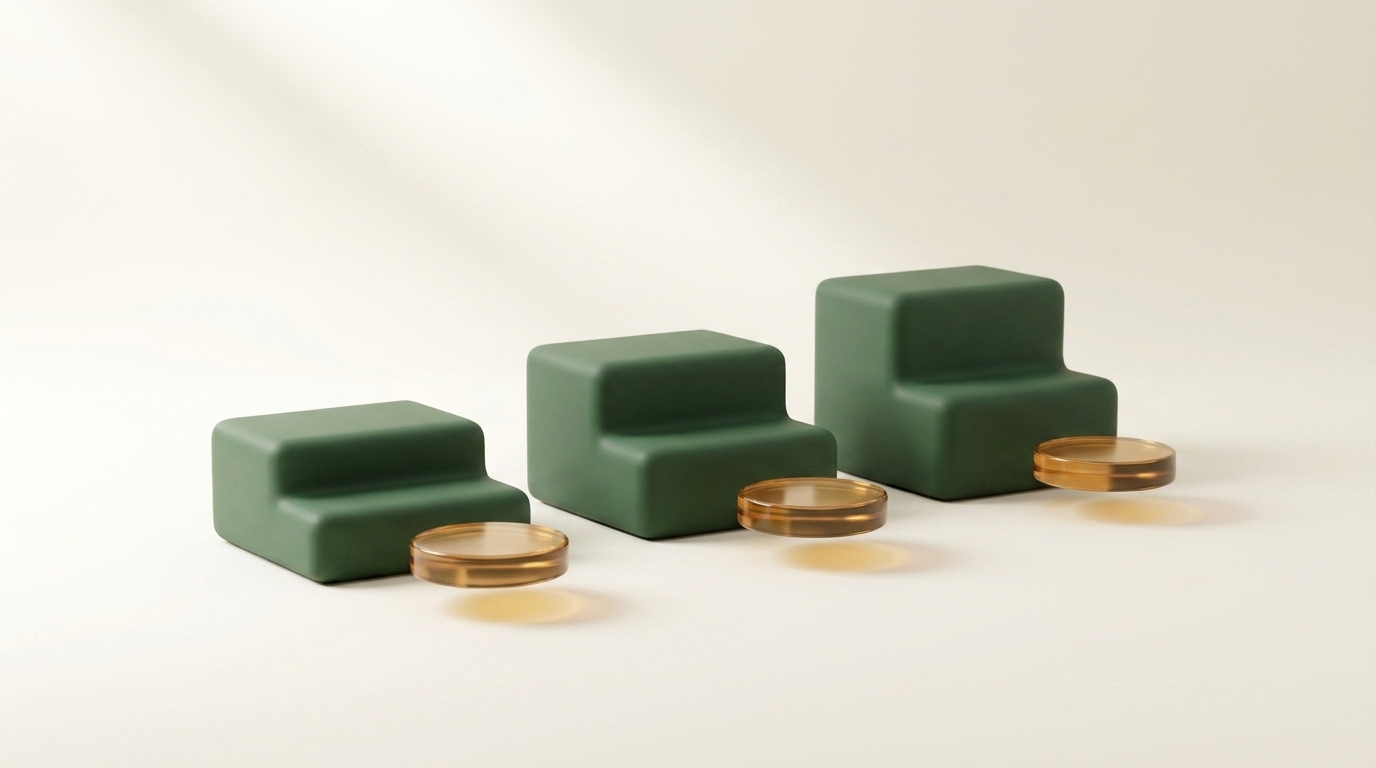 Three matte forest-green stepped blocks ascending in sequence, each paired with a small amber-glass disc \u2014 representing a deliberate, structured engagement process.